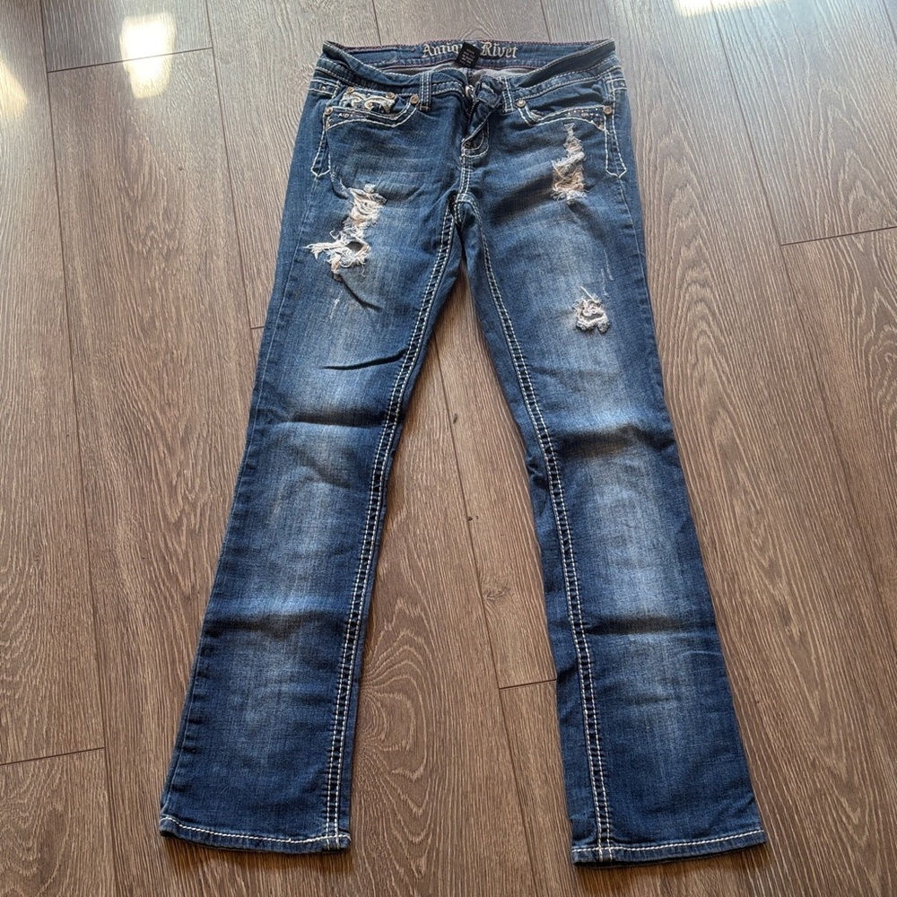 Antique Rivet Dark Blue Distressed Boot Cut Jeans